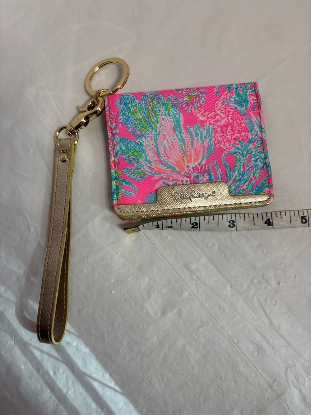 Lilly Pulitzer Hot Pink Floral Keyring Wristlet Card Holder with Gold Trim